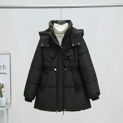 Korėjos mados laisvai pūkuota medvilninė striukė Moteriška žieminė striukė 2023 m. nauja stovima apykakle Paltai su gobtuvu Moteriškas pastorintas paltas