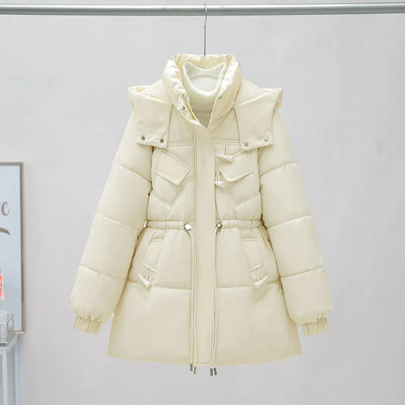 Korėjos mados laisvai pūkuota medvilninė striukė Moteriška žieminė striukė 2023 m. nauja stovima apykakle Paltai su gobtuvu Moteriškas pastorintas paltas