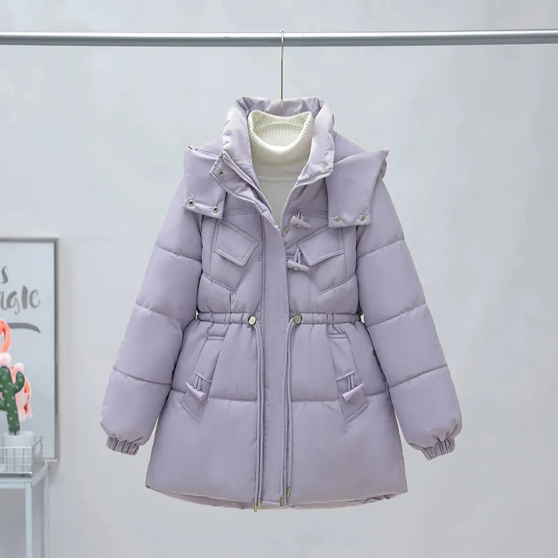 Korėjos mados laisvai pūkuota medvilninė striukė Moteriška žieminė striukė 2023 m. nauja stovima apykakle Paltai su gobtuvu Moteriškas pastorintas paltas