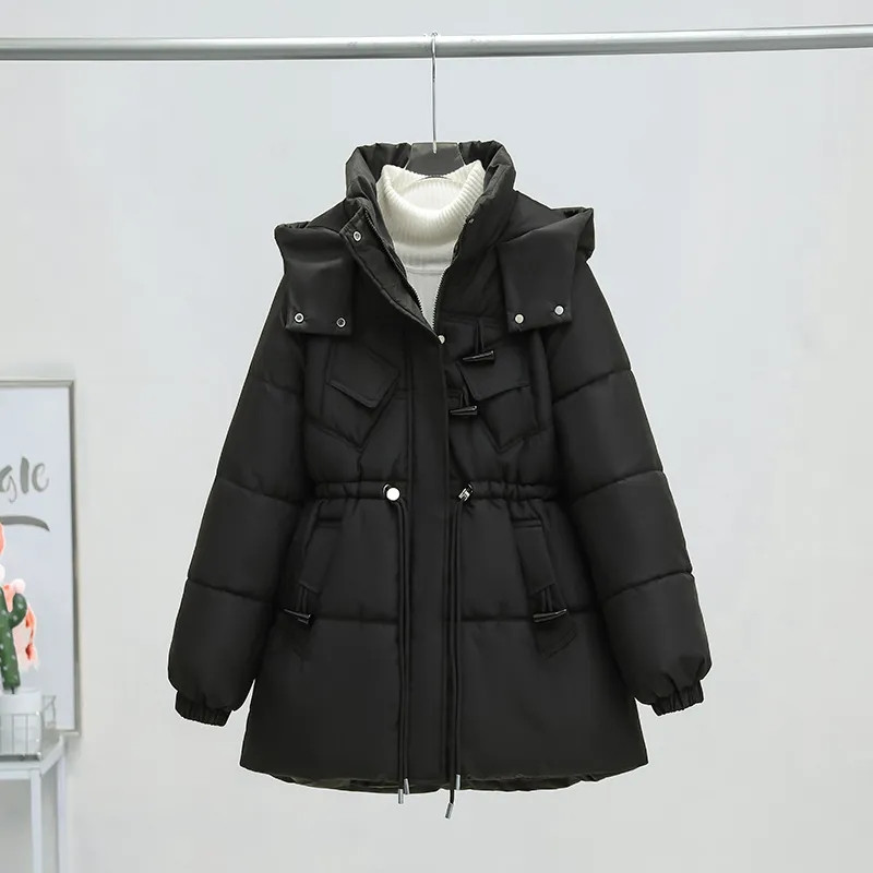 Korėjos mados laisvai pūkuota medvilninė striukė Moteriška žieminė striukė 2023 m. nauja stovima apykakle Paltai su gobtuvu Moteriškas pastorintas paltas