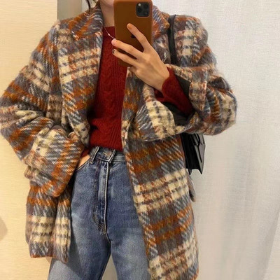 Karirani kaput Ženski ženski vuneni sako 2023 Novi jesenski i ženski jesenski zimski kaput Zadebljani mali vuneni kaput srednje dužine