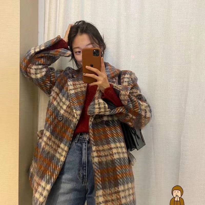 Karirani kaput Ženski ženski vuneni sako 2023 Novi jesenski i ženski jesenski zimski kaput Zadebljani mali vuneni kaput srednje dužine