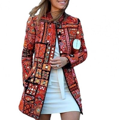 Trendy Women Coat Windproof Cardigan Coat Pockets Vintage Irregular Pattern Cardigan Jacket  Anti-freeze