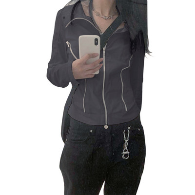 Ženska ležerna jakna Vintage dugih rukava, samostojeći ovratnik, patentni zatvarač, jednobojna, hladna jesenja odjeća, ulična odjeća, jesenske majice Y2k