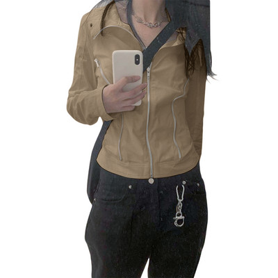 Ženska ležerna jakna Vintage dugih rukava, samostojeći ovratnik, patentni zatvarač, jednobojna, hladna jesenja odjeća, ulična odjeća, jesenske majice Y2k