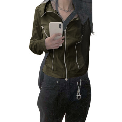 Ženska ležerna jakna Vintage dugih rukava, samostojeći ovratnik, patentni zatvarač, jednobojna, hladna jesenja odjeća, ulična odjeća, jesenske majice Y2k