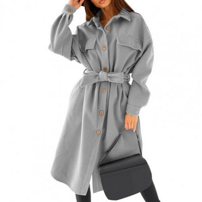 Jachetă supradimensionată pentru femei Trench de culoare solidă Toamnă Iarnă Curea groasă cu revere Pardesiu lung Jachetă de lână Birou