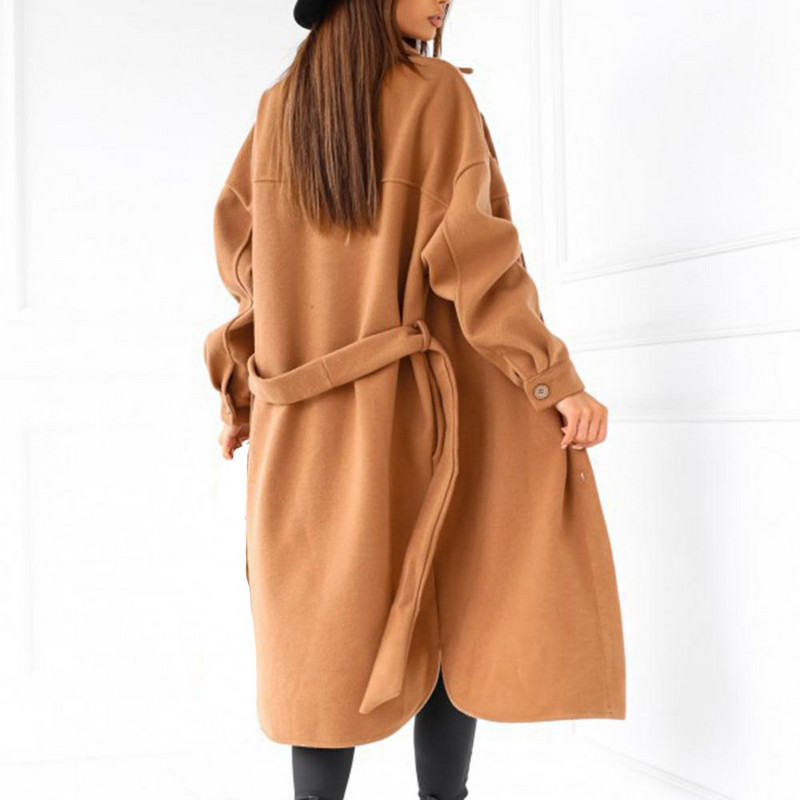 Jachetă supradimensionată pentru femei Trench de culoare solidă Toamnă Iarnă Curea groasă cu revere Pardesiu lung Jachetă de lână Birou