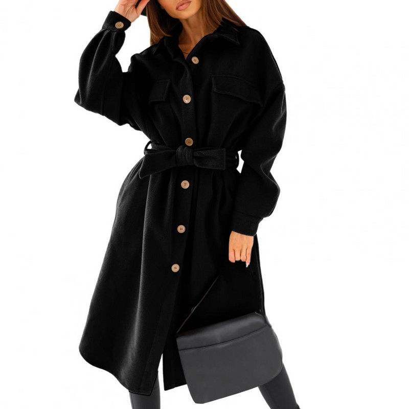 Jachetă supradimensionată pentru femei Trench de culoare solidă Toamnă Iarnă Curea groasă cu revere Pardesiu lung Jachetă de lână Birou