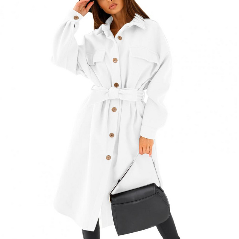 Jachetă supradimensionată pentru femei Trench de culoare solidă Toamnă Iarnă Curea groasă cu revere Pardesiu lung Jachetă de lână Birou