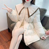 Sieviešu korejiešu plāns, mežģīņu mētelis, 2023. gada JAUNS rudens ziemas krāsas atbilstošs lelles apkakles parkas Vidēji gara, eleganta kokvilnas polsterēta jaka