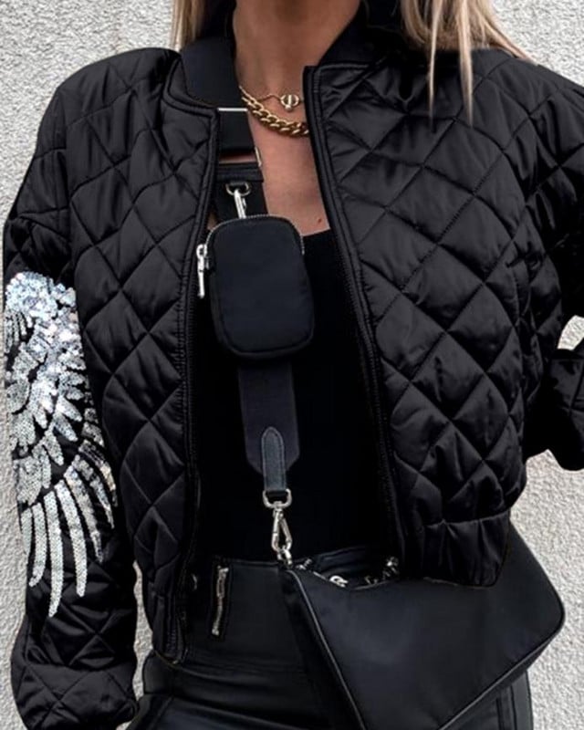 Rudeninės žiemos bombonešio striukės moterims Streetwear beisbolo paltas Kontrastinis blizgučiai Angel Wings modelio dygsniuotas pūkuotas striukė