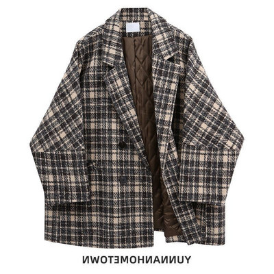 Ženski zimski vuneni kaputi u korejskom stilu Ženski karirani print Retro topla debela duga jakna Gornji ogrtači u korejskom stilu Femme