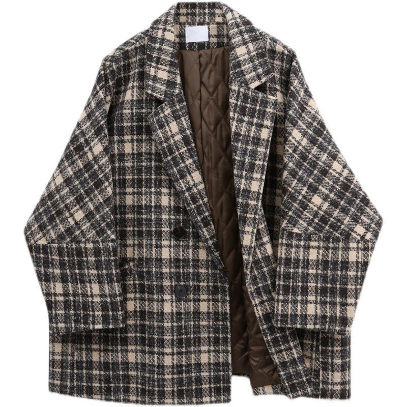 Ženski zimski vuneni kaputi u korejskom stilu Ženski karirani print Retro topla debela duga jakna Gornji ogrtači u korejskom stilu Femme