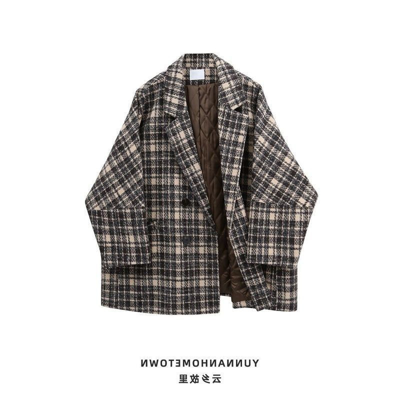 Ženski zimski vuneni kaputi u korejskom stilu Ženski karirani print Retro topla debela duga jakna Gornji ogrtači u korejskom stilu Femme