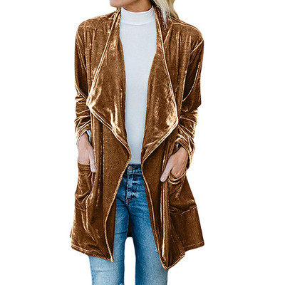 Jauna rudens ziemas sieviešu atloks jaka, gara jaka ikdienišķa vienkrāsaina zelta samta biroja dāmu eleganti mīksta pārklājuma mēteļi куртка