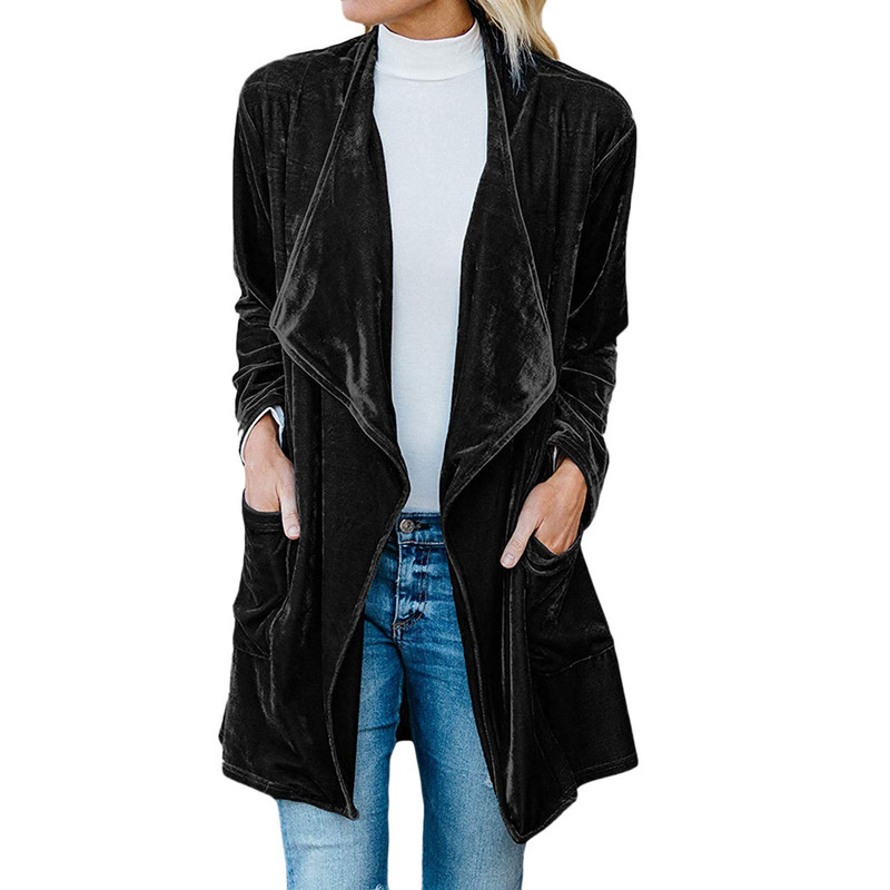 Jauna rudens ziemas sieviešu atloks jaka, gara jaka ikdienišķa vienkrāsaina zelta samta biroja dāmu eleganti mīksta pārklājuma mēteļi куртка