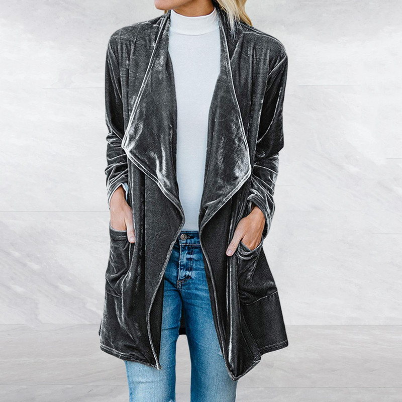 Jauna rudens ziemas sieviešu atloks jaka, gara jaka ikdienišķa vienkrāsaina zelta samta biroja dāmu eleganti mīksta pārklājuma mēteļi куртка