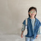 2023. gada pavasaris, bērnu korejiešu stila džinsa veste, zēnu atloka veste, meiteņu brīvs ikdienas virsdrēbes