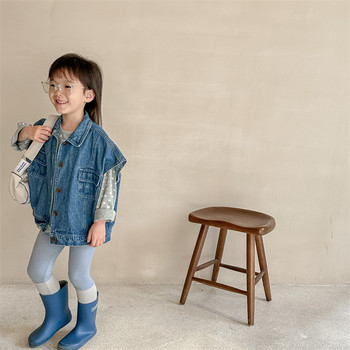 2023 г. Пролетна детска дънкова жилетка в корейски стил Момчета Жилетка с ревер Момичета Свободно ежедневно връхно облекло