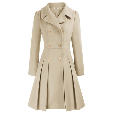 GK Ženski kaput dugih rukava Kaput s dvostrukim kopčanjem Kaput iznad koljena s nabranim reverima A-kroja Kaput od mješavine vune Zimske tople jakne