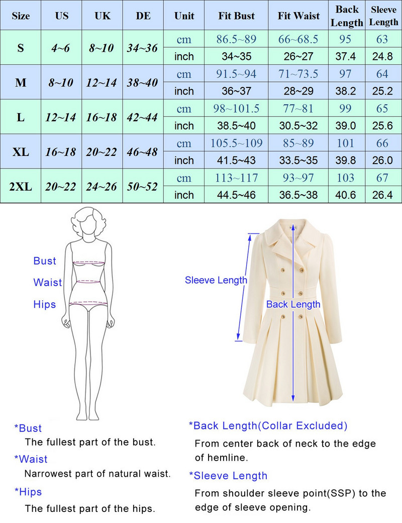 GK Ženski kaput dugih rukava Kaput s dvostrukim kopčanjem Kaput iznad koljena s nabranim reverima A-kroja Kaput od mješavine vune Zimske tople jakne