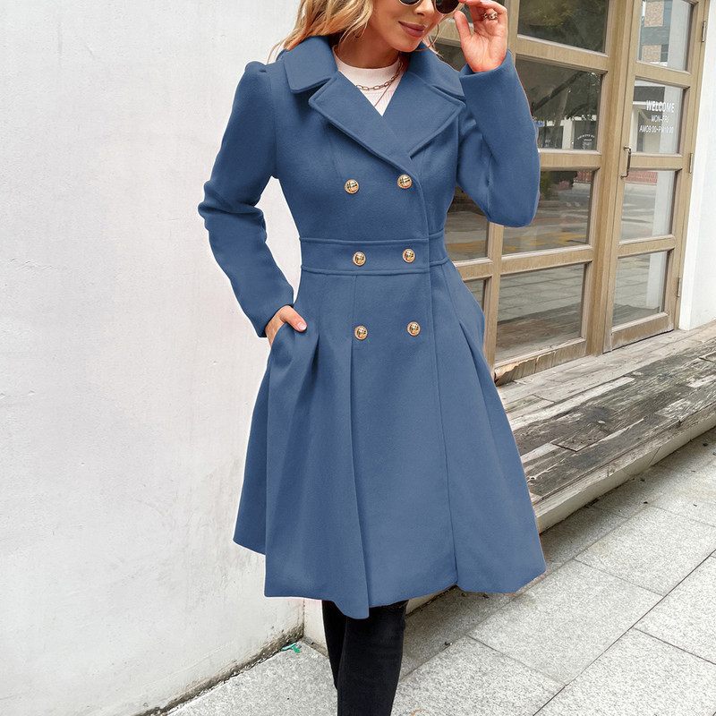 GK Ženski kaput dugih rukava Kaput s dvostrukim kopčanjem Kaput iznad koljena s nabranim reverima A-kroja Kaput od mješavine vune Zimske tople jakne