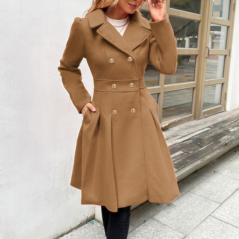 GK Ženski kaput dugih rukava Kaput s dvostrukim kopčanjem Kaput iznad koljena s nabranim reverima A-kroja Kaput od mješavine vune Zimske tople jakne