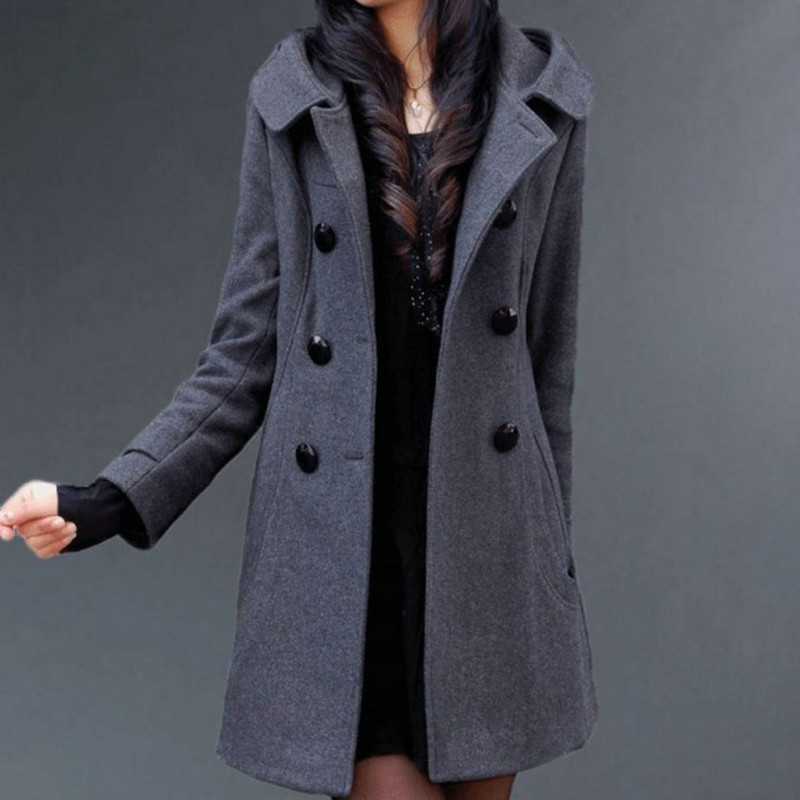 Eleganti ziemas mēteļi un jakas, sieviete, 2022. gada ziemas vilnas mēteļi ar kapuci Vilnas vējjaka sievietēm ar divrindu sievietēm, 5 XL liela izmēra