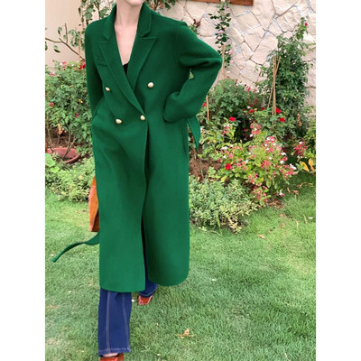 Jesen i zima 2023. Ženski retro debeo dvostrani jednobojni kaput od čiste vune na kaiš Dugi vuneni zimski kaput