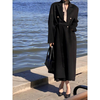 Jesen i zima 2023. Ženski retro debeo dvostrani jednobojni kaput od čiste vune na kaiš Dugi vuneni zimski kaput