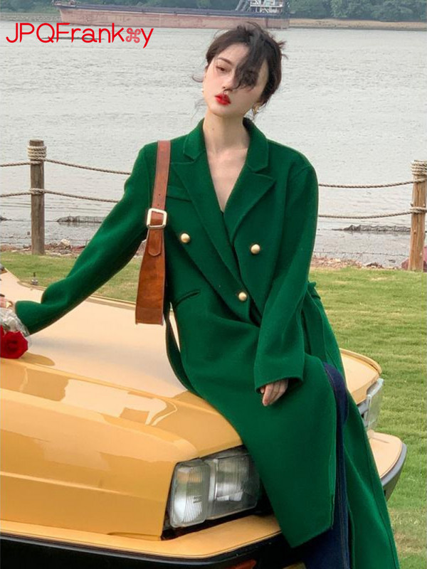 Jesen i zima 2023. Ženski retro debeo dvostrani jednobojni kaput od čiste vune na kaiš Dugi vuneni zimski kaput