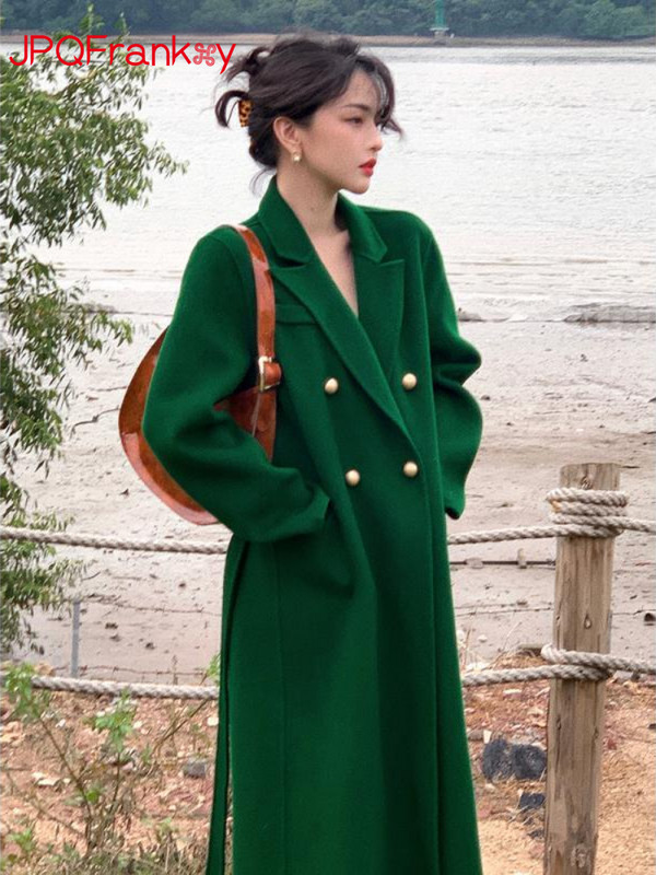 Jesen i zima 2023. Ženski retro debeo dvostrani jednobojni kaput od čiste vune na kaiš Dugi vuneni zimski kaput