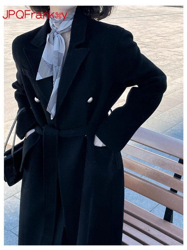 Jesen i zima 2023. Ženski retro debeo dvostrani jednobojni kaput od čiste vune na kaiš Dugi vuneni zimski kaput