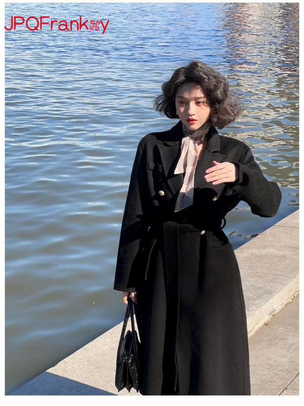 Jesen i zima 2023. Ženski retro debeo dvostrani jednobojni kaput od čiste vune na kaiš Dugi vuneni zimski kaput