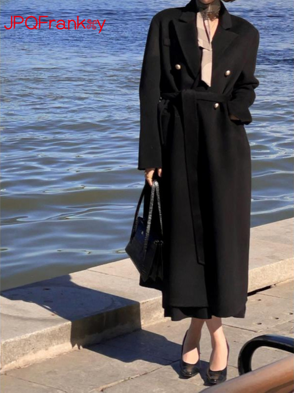 Jesen i zima 2023. Ženski retro debeo dvostrani jednobojni kaput od čiste vune na kaiš Dugi vuneni zimski kaput