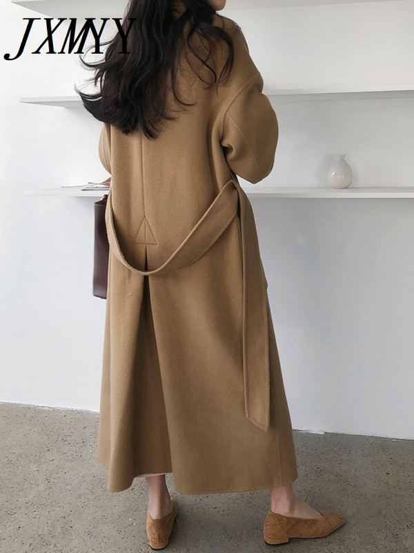 JXMYY Moda coreeană șic, temperament elegant, toamnă și iarnă, nouă haină de lână, cu șnur, cu lungime medie, pentru femei