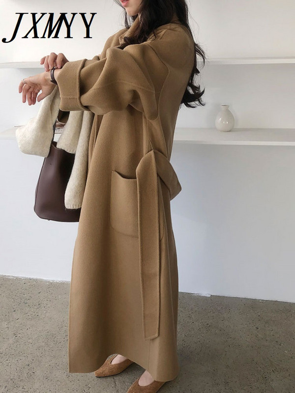 JXMYY Moda coreeană șic, temperament elegant, toamnă și iarnă, nouă haină de lână, cu șnur, cu lungime medie, pentru femei