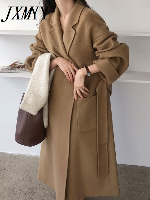 JXMYY Moda coreeană șic, temperament elegant, toamnă și iarnă, nouă haină de lână, cu șnur, cu lungime medie, pentru femei