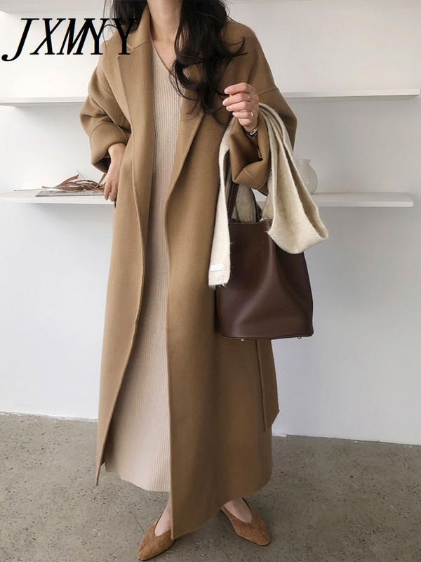 JXMYY Moda coreeană șic, temperament elegant, toamnă și iarnă, nouă haină de lână, cu șnur, cu lungime medie, pentru femei
