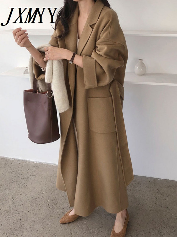 JXMYY Moda coreeană șic, temperament elegant, toamnă și iarnă, nouă haină de lână, cu șnur, cu lungime medie, pentru femei
