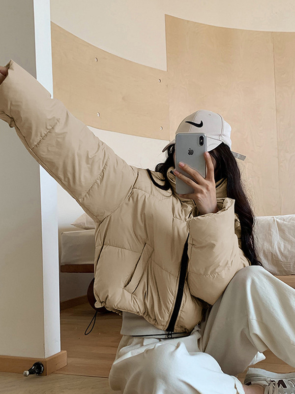 Zoki korejske modne ženske pufaste kapute Jednostavne jednobojne široke kratke parke Zimske debele tople, elegantne pamučno podstavljene ženske donje jakne