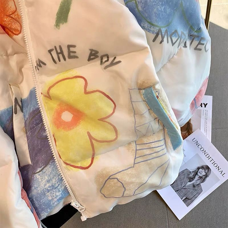 Ženske parke zimske nove 2022. Ručno oslikane grafite s cvijećem Prakas pufer jakna Debele korejske pune majice s patentnim zatvaračem