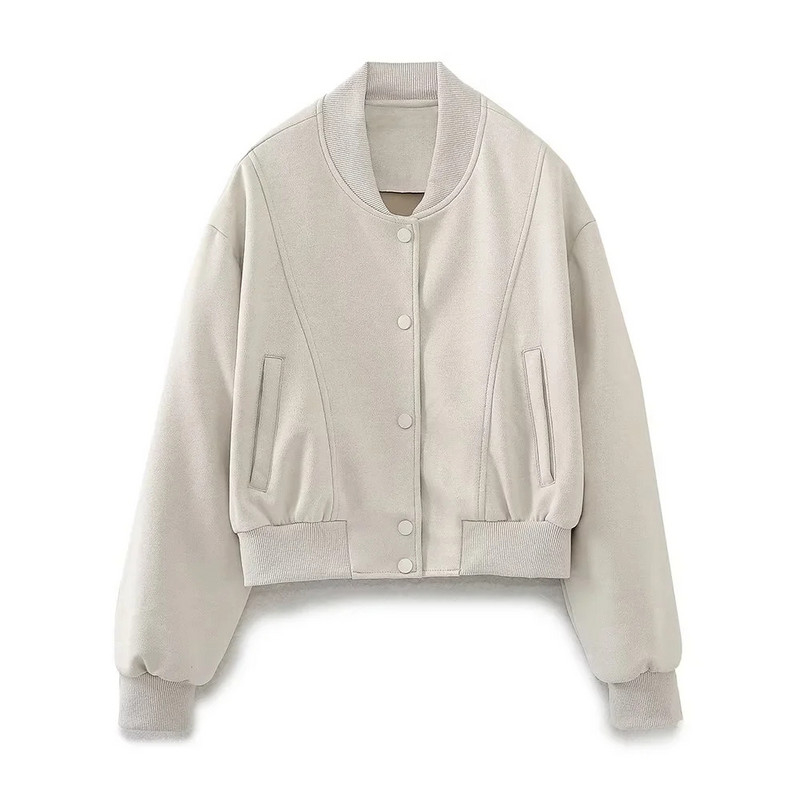 TRAF Jachetă elegantă de damă 2023, vintage, cu gât rotund, cu nasturi, jachetă bomber pentru femei, cu mânecă lungă, haină elegantă, jachetă de pluș de toamnă