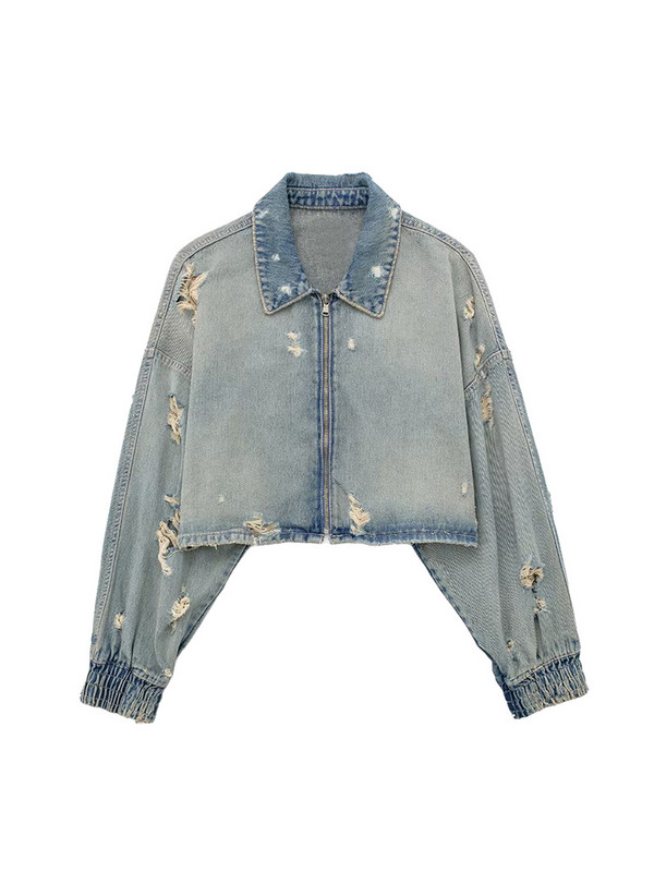 Új szakadt díszítésű farmer dzsekik női hajtókás elöl cipzáras kabát női hosszú ujjú felsők Utcai viselet Vintage kabát őszi