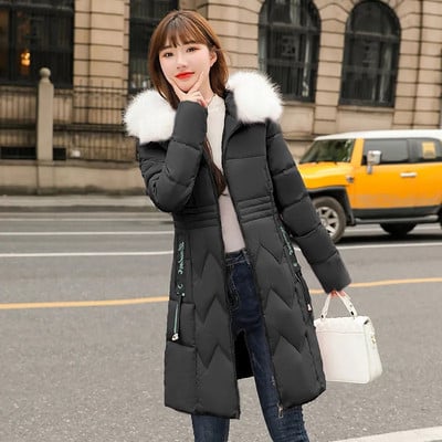 Női téli dzseki 2022 Női nagy szőrme gallér, kapucnis le parkok vastag meleg pamut párnázott alap felsők, hosszú női vattás kabát