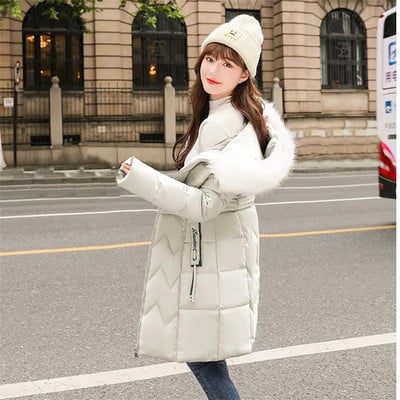 Női téli dzseki 2022 Női nagy szőrme gallér, kapucnis le parkok vastag meleg pamut párnázott alap felsők, hosszú női vattás kabát