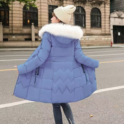 Női téli dzseki 2022 Női nagy szőrme gallér, kapucnis le parkok vastag meleg pamut párnázott alap felsők, hosszú női vattás kabát