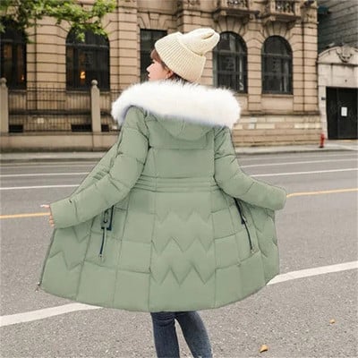 Női téli dzseki 2022 Női nagy szőrme gallér, kapucnis le parkok vastag meleg pamut párnázott alap felsők, hosszú női vattás kabát