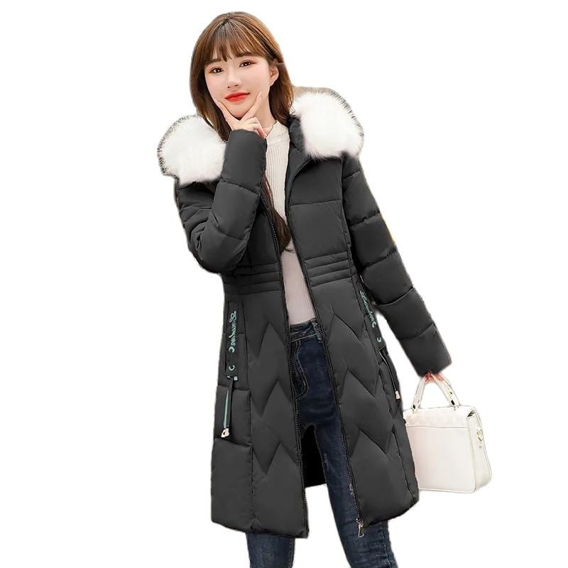 Női téli dzseki 2022 Női nagy szőrme gallér, kapucnis le parkok vastag meleg pamut párnázott alap felsők, hosszú női vattás kabát